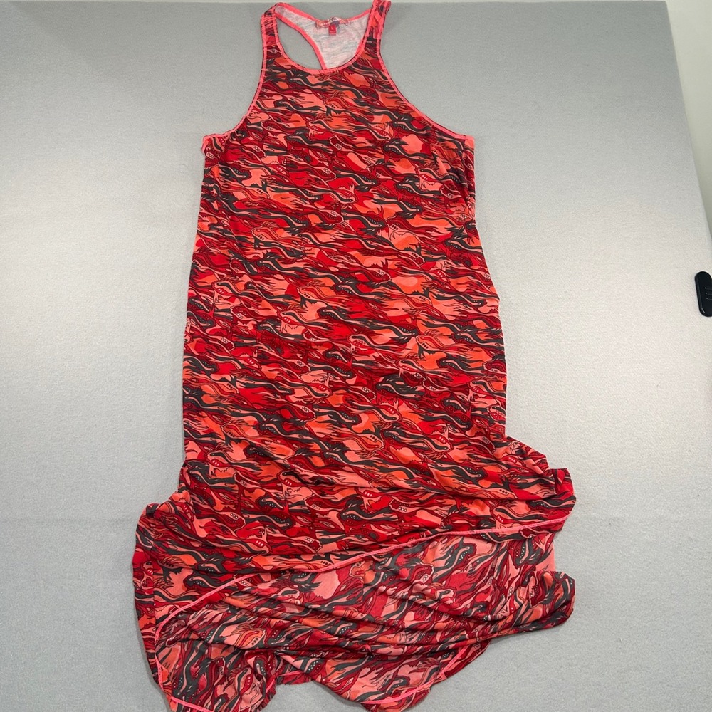 Marina Luna Maxi Dress Womens L Red Abstract Mesh Racerback Swim Coverup Sheer